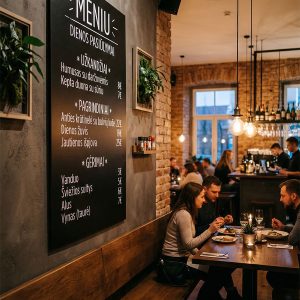 juodo plastiko iškaba meniu